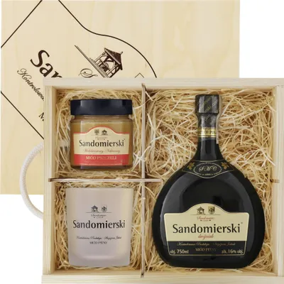 Produktbild von Sandomierski Met Dwójniak-Halber Geschenkset in Holzbox mit Becher und Mehrblütenhonig | Honigwein 750ml | 16% Alkohol Metwein | Polnische Produktion