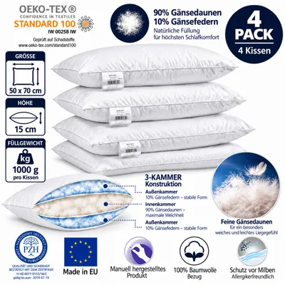 Produktbild von 4er Set Dreikammer Kopfkissen 50x70 cm 1000 g – 90% Gänsedaunen – 3-Kammer Daunenkissen mit Baumwollbezug