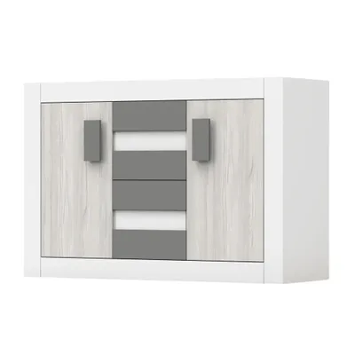 A white and gray sideboard with wooden accents.