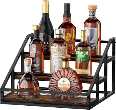Obrázek produktu pro Dřevěný regál na víno s podnosem, třívrstvá deska na láhve s alkoholickými nápoji, barové desky na láhve s alkoholickými nápoji