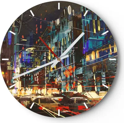 Produktbild von Wanduhr - Rund - Glasuhr - Stadt Nacht Straße - 30x30cm - Schleichendes Uhrwerk - Lautlos - zum Aufhängen bereit - Dekoration Modern - Wanddekoration aus Glas - C3AR30x30-3787