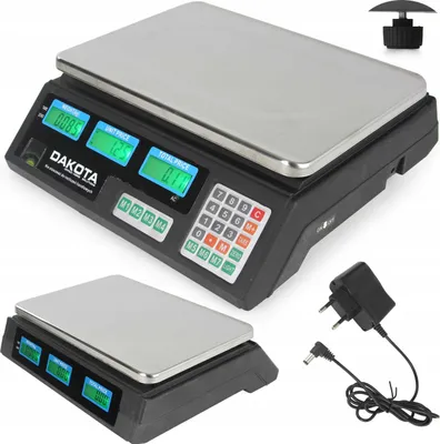 A digital scale and its power adapter are shown against a white background.