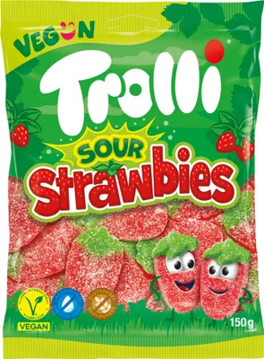 Produktbild von Trolli Sour Strawbies sauer gezuckerte Fruchtgummi-Erdbeeren (150g Packung) + usy Block