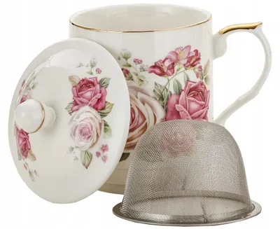 Produktbild von Kaffee- und Teetasse mit Teesieb „Blumen – Rose“ JUMBO 450 ml, Porzellan