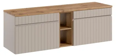 Image de Ensemble ICON : meuble sous vasque 140cm cachemire avec niches visibles aspect bois + plan pour vasque aspect bois