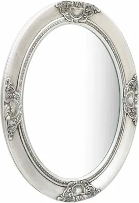 A silver oval mirror with ornate baroque-style detailing on the frame, presented against a white background.