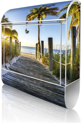 Produktbild von banjado Design Briefkasten Stahl weiß mit Zeitungsfach pulverbeschichtet "Weg zum Strand" 38x46x12,5cm & 2 Schlüssel - Postkasten A4 Einwurf inkl. Montagematerial [BKW 12050]