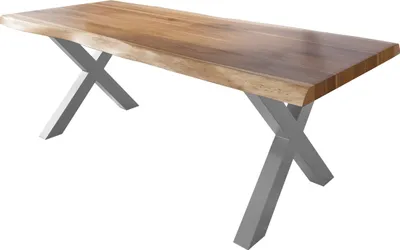 Produktbild von Esstisch Baumkante massiv Akazie natur 200 x 110 X-Gestell Metall silber TITAN