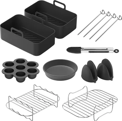 Produktbild von Aoresac Air Fryer Zubehör spülmaschinenfest 9pcs Fryer Zubehör mit Air Fryer Liner Pizza Pan Silikon Backofen Mitts Spieß Rack Food Clip Passt