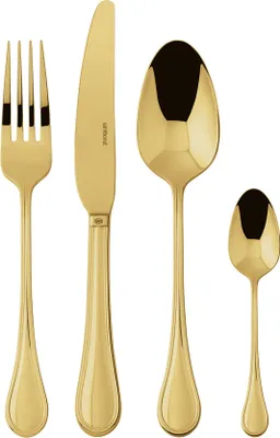 A set of four golden cutlery pieces, including a fork, knife, tablespoon, and teaspoon, arranged in a row against a white background.