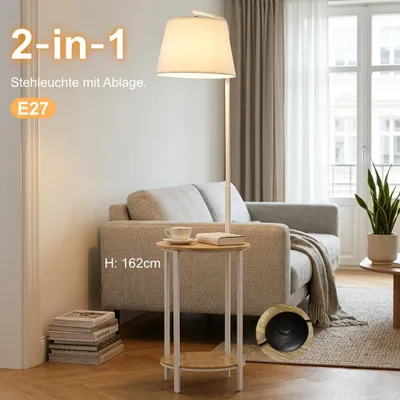Produktbild von Stehleuchte mit Tisch & 2 Ablagen - Moderne Standleuchte Holz Bambus & Weiß, Stoffschirm Leinenoptik, Bogenlampe mit Fußschalter für Wohnzimmer, 162cm