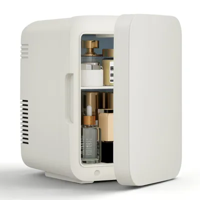 Produktbild von Puluomis Mini Kühlschrank 4L, 2 in 1 Warm- und Kühlbox tragbar Ultra-Leiser Auto Kühlbox (<30dB) 12V/220V /230V AC/DC für Getränkedosen, Snacks Beige