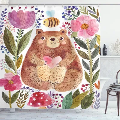 Produktbild von ABAKUHAUS Aquarell-Blumen Duschvorhang, Netter Geist Mit Blumen Und Biene Tiergeist Natur Moderne Illustration, 175 x 240 cm, Mehrfarbig