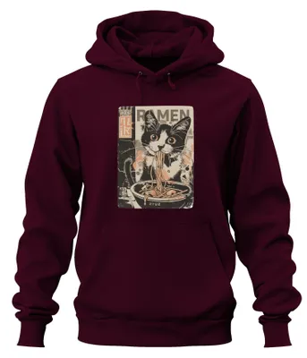 Immagine prodotto di Felpa con cappuccio a tema "Ramen Katze", ispirata alla cucina giapponese, con immagini di noodles, cibo, anime, un gattino carino. Colore: bordeaux. Taglia: L