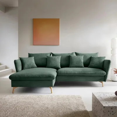 Produktbild von Ecksofa MORRE Poso 14 Flaschengrün Grün Cord Breitcord Schlafsofa Bettkasten Holzfüße Links