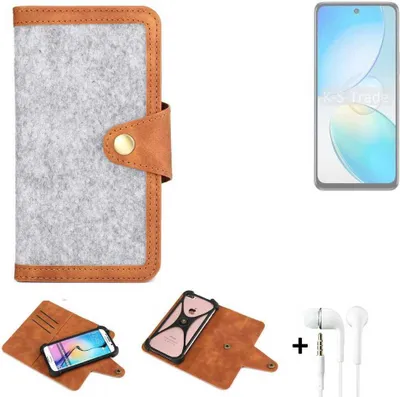 Produktbild von K-S-Trade Handyhülle + Kopfhörer kompatibel mit Infinix Hot 12 Schutzhülle Filz Hülle Kunstleder hellgrau braun (1x)