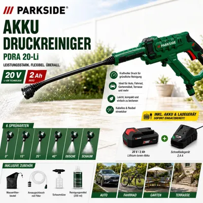 Produktbild von PARKSIDE Akku Druckreiniger PDRA 20-Li , 6 Sprüharten, mit Akku 2 AhLadegerät
