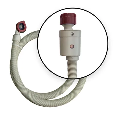 A close-up view of a washing machine and dishwasher safety inlet hose, also known as an Aquastop hose, is shown against a white background. The hose is beige and flexible, with a red connector at one end. A magnified circular inset highlights a component o