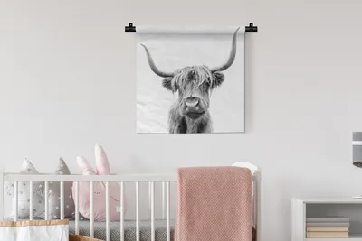 Produktbild von MuchoWow® Wandteppich Wandbehang Scottish Hochlandrind - Tier - Schwarz - Weiß 60x60 cm Tapisserie Dekoration Wandtuch - Dekorationen - Wand Decke