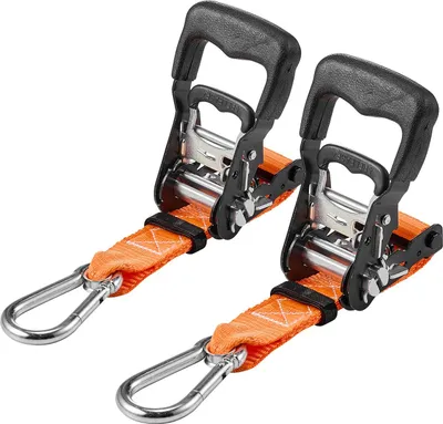 Immagine prodotto di Cinghie di fissaggio con moschettoni - Set di 2 cinghie di fissaggio con cricchetto - Dimensioni 3,8 cm x 1,83 m - Carico di rottura 1100 kg - Con borsa per il trasporto - Per traslochi, rimorchi, moto, kayak