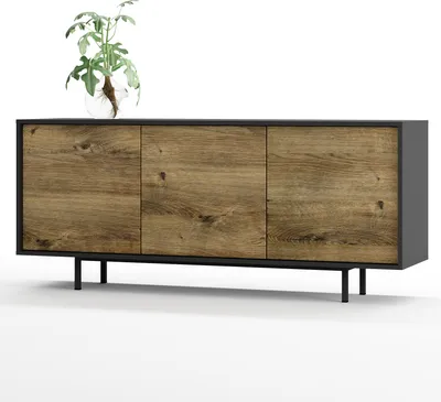 Produktbild von SIMPLYFURN Kommode Akia Sideboard 3-türig in Anthrazit und Eiche Ribbeck Türen, 154x40x66 cm, Metallfüße, Push-to-Open, verstellbaren Einlegeböden