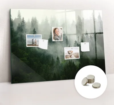 Obrázek produktu pro Magnetická Tabule na Zeď Skleněná - Memo Board Kleněnou Přední Stranou - 5 magnetů v balení - 100x70 cm - Mlžný les