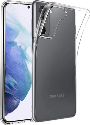 A clear protective case is shown on a Samsung Galaxy S21 5G smartphone.