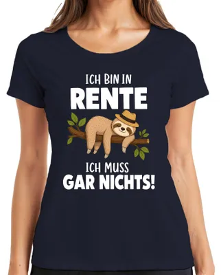 Immagine prodotto di Maglietta da donna, colore blu navy, con la scritta: "Sono in pensione, non devo fare niente", stile sarcastico. Taglia S