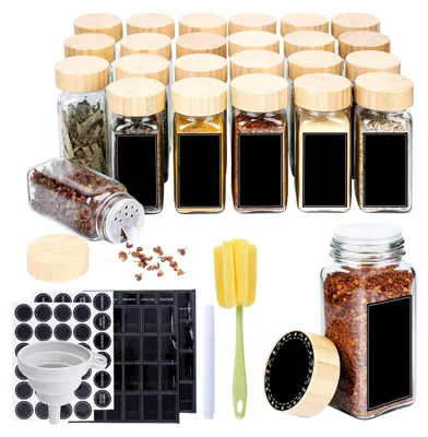 Produktbild von Eckige Gewürzgläser im 24er Set mit Holzdeckel, 120 ml Gewürzbehälter inklusive Etiketten und Silikontrichter