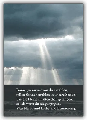 Produktbild von Tröstende Trauerkarte mit beistehendem Spruch: Immer, wenn wir von dir erzählen, fallen Sonnenstrahlen…