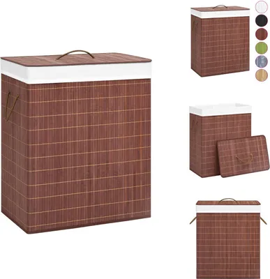 A product image of a brown bamboo laundry basket with a white lid, shown from the front.