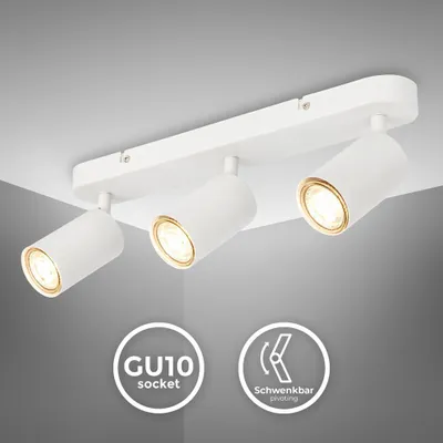 A white ceiling light fixture with three adjustable spotlights.