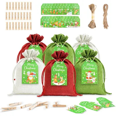 Zdjęcie produktu dla Zestaw adwentowy - 24 woreczki z kartkami i sznurkiem - 14 x 10 cm
