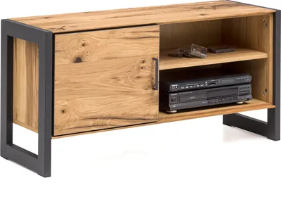 A TV lowboard with a wooden front and metal frame, shown against a white background.