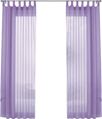 Two sheer purple curtains hanging from a curtain rod.
