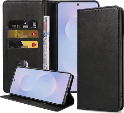 Produktbild von Geeignet für Samsung Galaxy S25 Edge Handytasche Kunstleder mit Magnetverschluss und Kartenhalter Bookcase mit Klappe - Wallet Case mit Kartenfach - Schwarz - Smartphonics