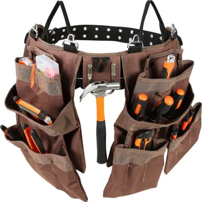 Produktbild von Werkzeugtasche - Verstellbarer Werkzeuggürtel (81,2 bis 137,2 cm) - 19 Taschen - Polyester - Abnehmbare Tasche - Elektriker Schreiner Heimwerker Holzarbeiter Baugewerbe - Braun