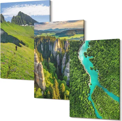 Produktbild von Wandbild – Leinwandbild – Leinwandbilder – Polycanvas – Kunstdruck – Modern – Panorama – Mehrteilig – 3-Teilig Set – Hochwertig – Lichtecht – Geruchslos – 40x60 Cm Je Element - Grüne Berglandschaften mit Fluss und Felsen