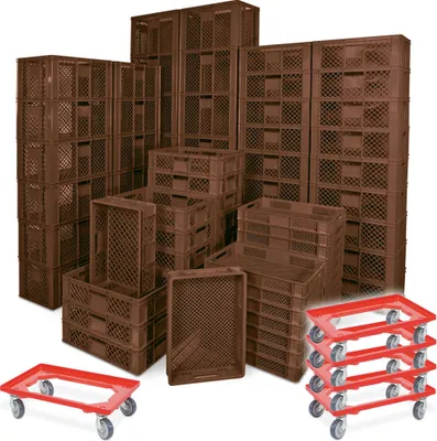 Produktbild von 78 Stück Stapelkörbe/Bäckerkästen in 5 Größen, Grundmaß LxB 600 x 400 mm, H 90 mm, 150 mm, 240 mm, 320 mm, 410 mm, Farbe braun + 5x Transportroller, rot