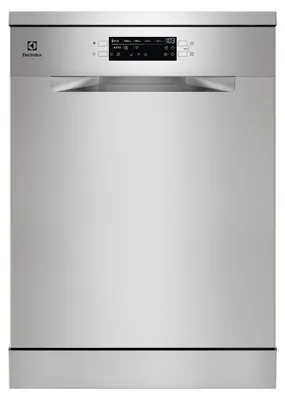 A front view of a silver Electrolux dishwasher.