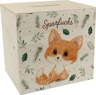 Produktbild von Babyfuchs Spardose aus Holz mit Spruch Sparfuchs