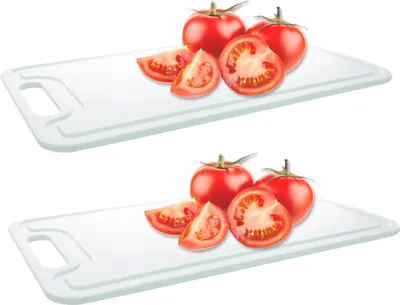 Two identical images of white cutting boards with tomatoes on them, presented on a white background.