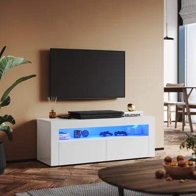 Produktbild von SONNI Lowboard TV-Schränke Weiß  Hochglanz mit LED Beleuchtung, 12-LED-Farben, mit 2 Klapptür, Griffloses Design 120 x 40 x 45cm