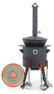 Produktbild von Utschak Feuerofen Ø 40 cm + Gusseisen-Kasan 12 L, runder Boden + Küchenzubehör, Usbekischer Kochtopf aus Gusseisen