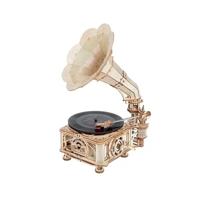 A 3D wooden puzzle of a vintage gramophone is displayed against a white background.