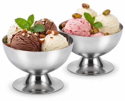 Eisbecher aus Edelstahl, 2er-Set, Dessertbecher mit Fuß, 10 cm Durchmesser