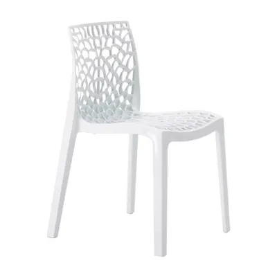 A white designer chair with a web-like pattern on the back and seat, shown from a side-front angle against a white background.