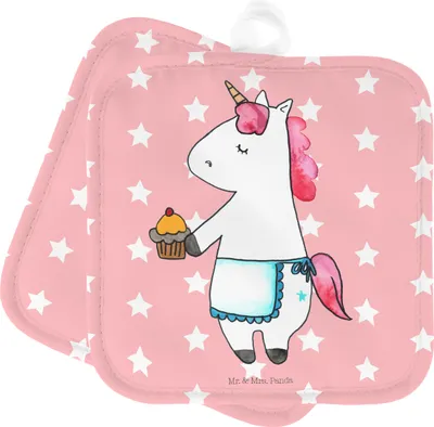 Produktbild von Mr. & Mrs. Panda Topfuntersetzer Einhorn Muffin - Rot Pastell - Geschenk, Topflappen Set, Geburtstag, Topflappenset, Backen, Kochlappen, Unicorn, topfhalter, Kekse