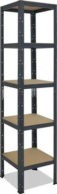 A tall, narrow, dark gray metal shelving unit with five wooden shelves, shown against a white background.