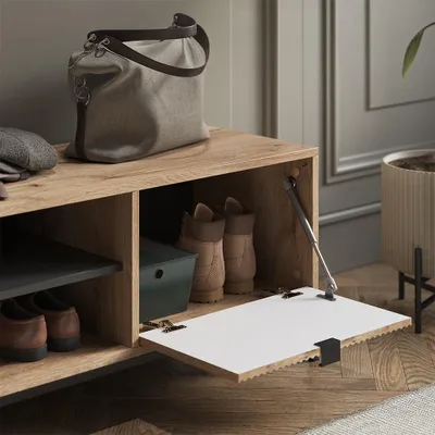Immagine prodotto di Panca scarpiera da ingresso Vicco Eliza Quercia vichinga 100 x 45 cm con porta a soffietto, Model 56409